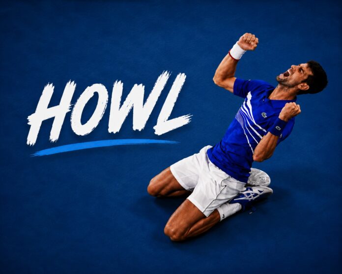 djokovic on knees howl only text