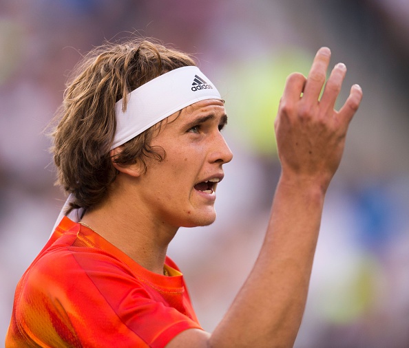 Alexander Zverev of Germany talks to the referee during his match against Rafael Nadal of Spain, March 16, 2016 at the BNP Paribas Open at the Indian Wells Tennis Garden in Indian Wells, California. Nadal defeated the 18-year-old German 6-7(8), 6-0, 7-5. / AFP / ROBYN BECK (Photo credit should read ROBYN BECK/AFP/Getty Images)